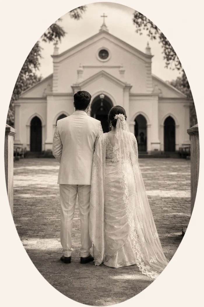 An Indian Christian bride and groom in ivory wedding attire, seen from behind outside a Kerala church