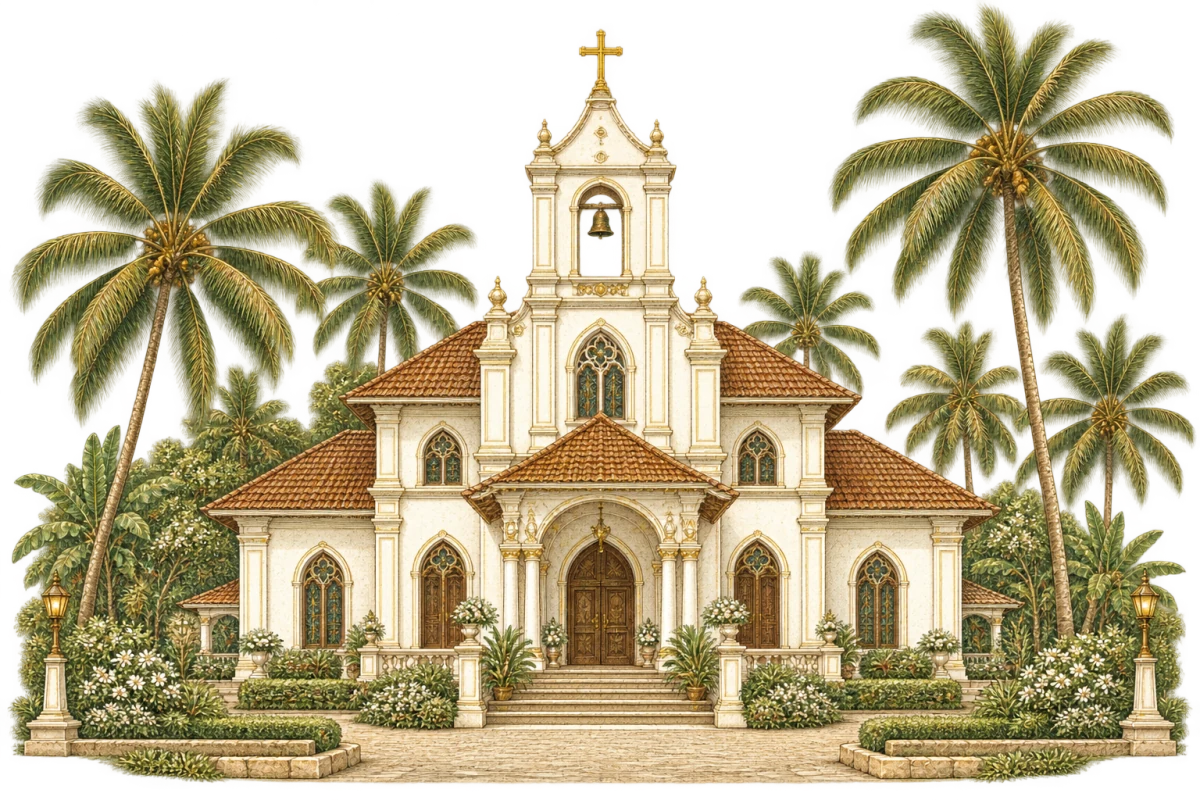 Fine-line illustration of a Kerala Christian heritage church framed by coconut palms